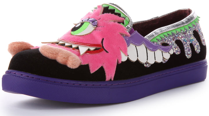 Irregular Choice Slime Time Zapatillas sin cordones con aplique 3D monstruo para mujer en negro multi