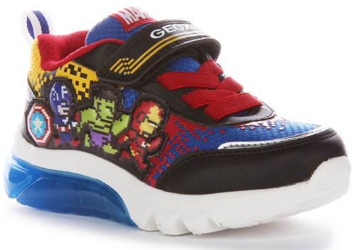 Geox Kids J Ciberdrone E Avengers Pixel Sole Light Strap Mesh Trainers In Black Multi