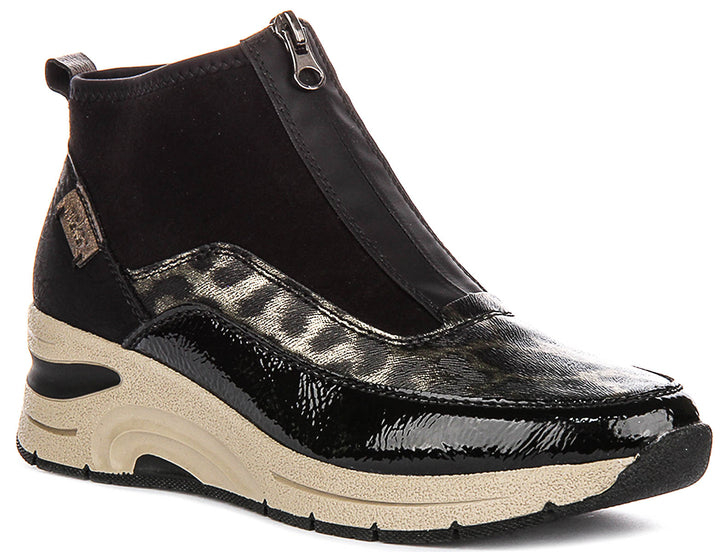Rieker N9362-00 In Black Leopard Front Zip For Women