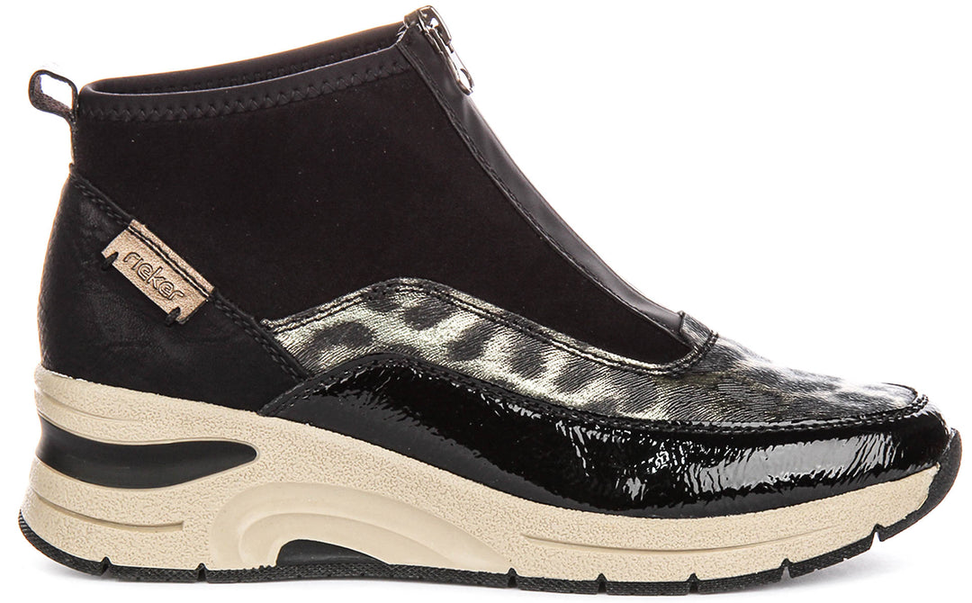 Rieker N9362-00 In Black Leopard Front Zip For Women