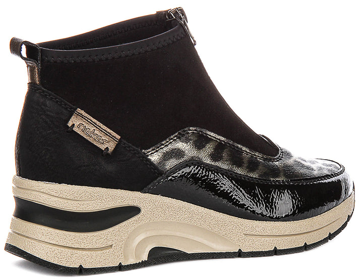 Rieker N9362-00 In Black Leopard Front Zip For Women
