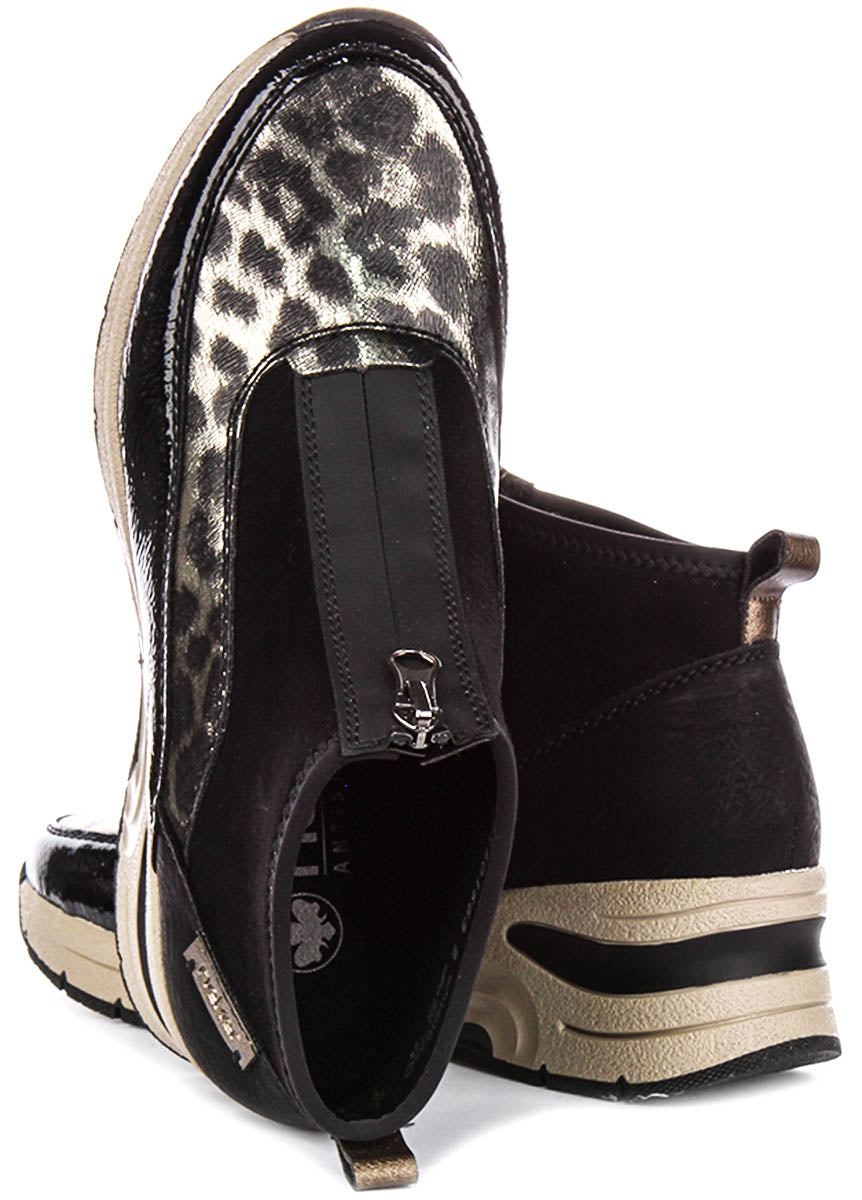 Rieker N9362-00 In Black Leopard Front Zip For Women