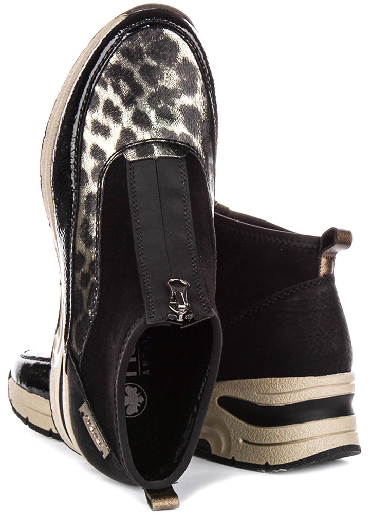 Rieker N9362-00 In Black Leopard Front Zip For Women