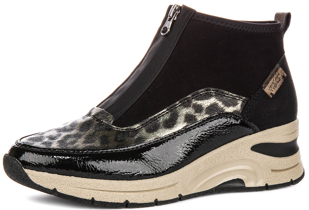 Rieker N9362-00 In Black Leopard Front Zip For Women