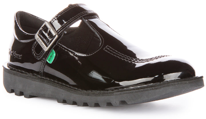 Kickers Kick T Bar Velcro In Black Patent For Youth