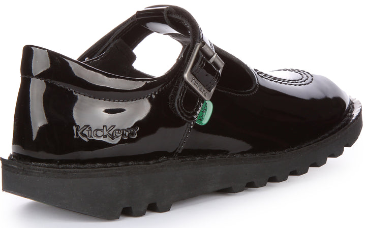 Kickers Kick T Bar Zapatos de piel con tira autoadherente para jóvenes en charol negro