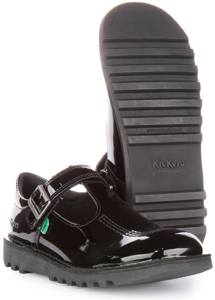 Kickers Kick T Bar Chaussures en cuir à lanières auto agrippantes pour jeunes en verni noir