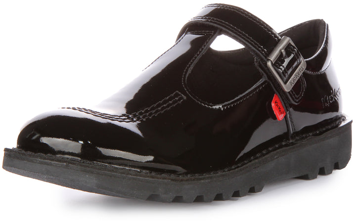Kickers Kick T Bar Velcro In Black Patent For Youth