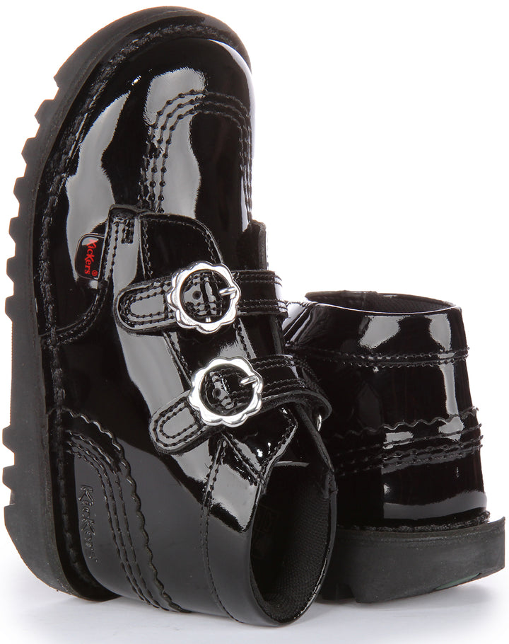 Kickers Kick Hi Bloom Zapatos de piel con dos tiras autoadherentes para niño en charol negro