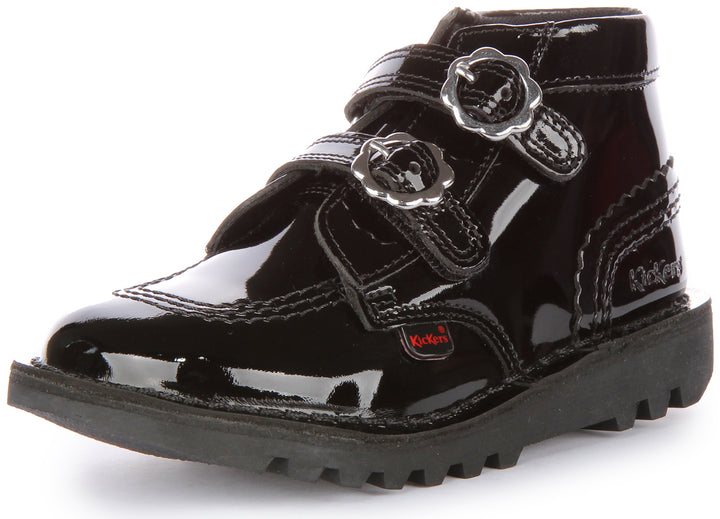 Kickers Kick Hi Bloom Zapatos de piel con dos tiras autoadherentes para niño en charol negro