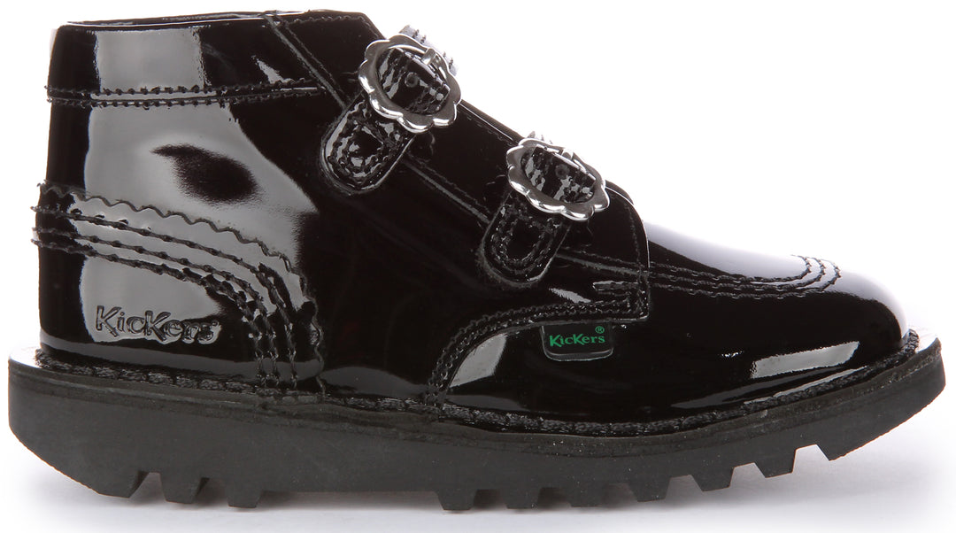 Kickers Kick Hi Bloom Zapatos de piel con dos tiras autoadherentes para niño en charol negro