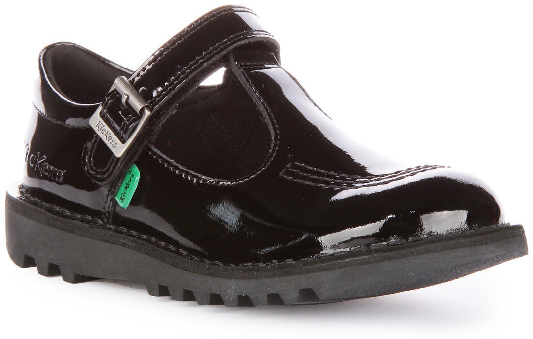 Kickers Kick T Bar Chaussures en cuir à lanières auto agrippantes pour jeunes en verni noir