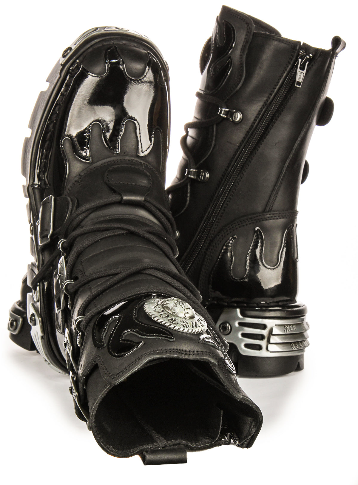 Newrock 591 Reactor In Black Patent | 90S Flame Print Boots