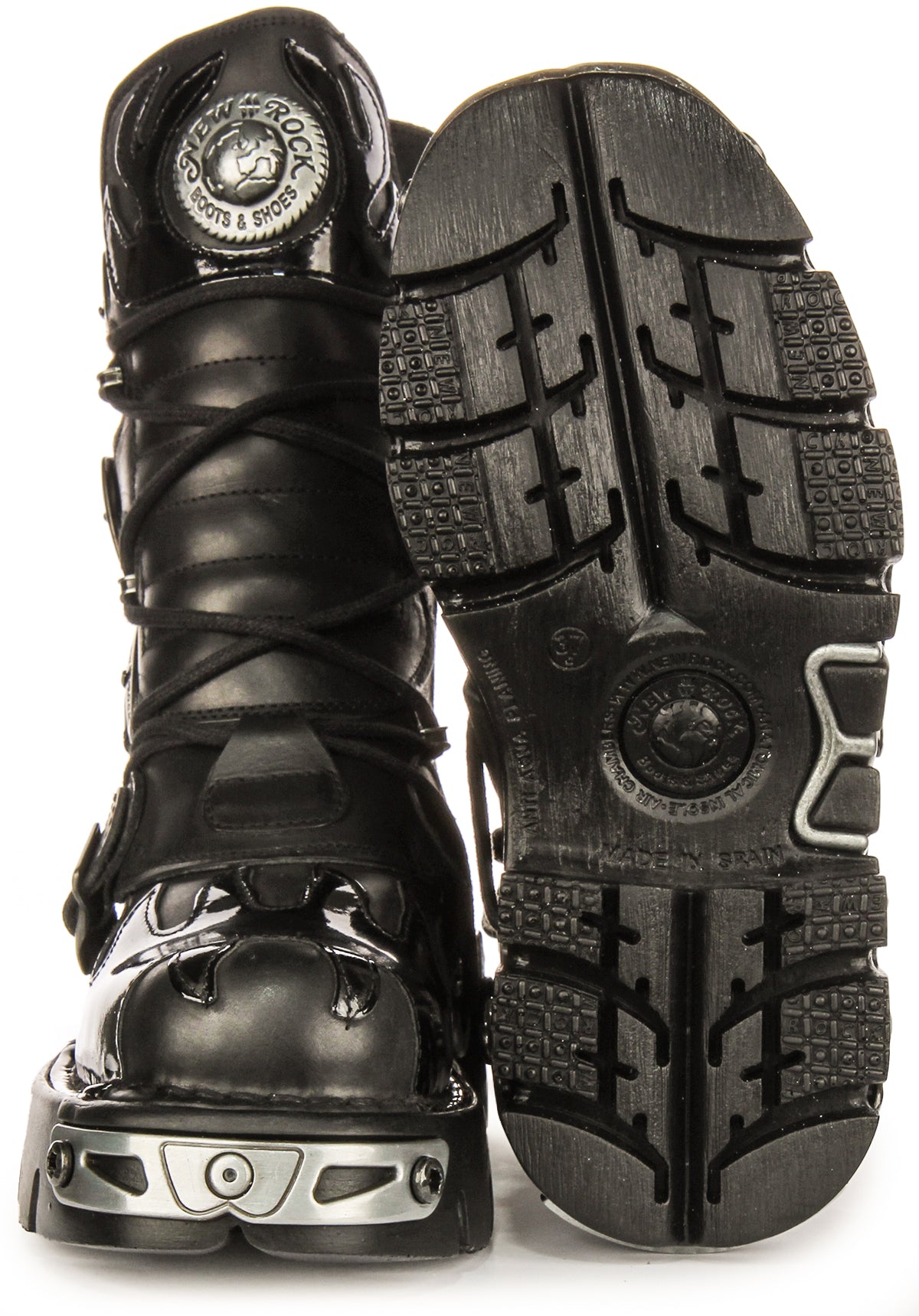 Newrock 591 Reactor In Black Patent | 90S Flame Print Boots