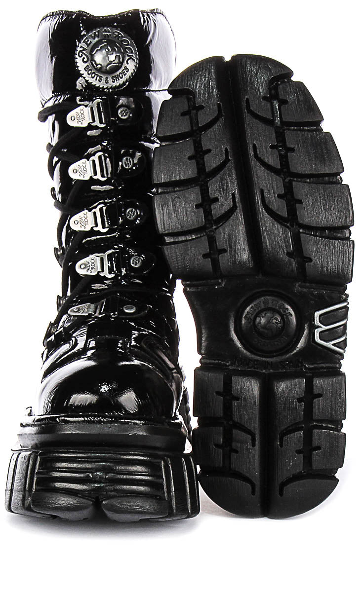 Newrock 203 Tower In Black Patent | 90S Side Lace Boots – 4feetshoes