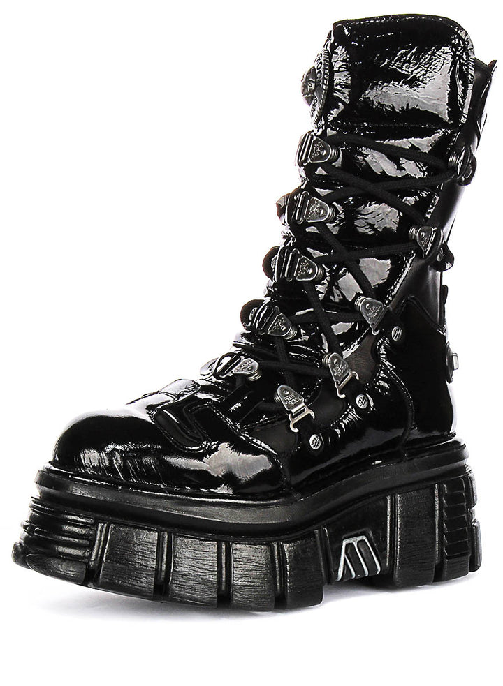 Newrock 203 Tower In Black Patent Boots