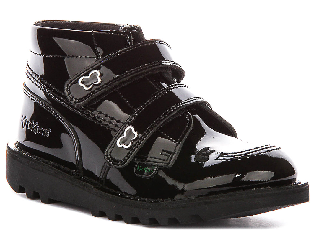 Kickers Kick Hi Velcro Wing In Black Patent For Juniors