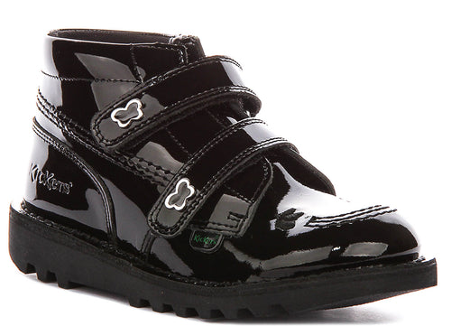 Kickers Kick Hi Velcro Wing In Black Patent For Juniors