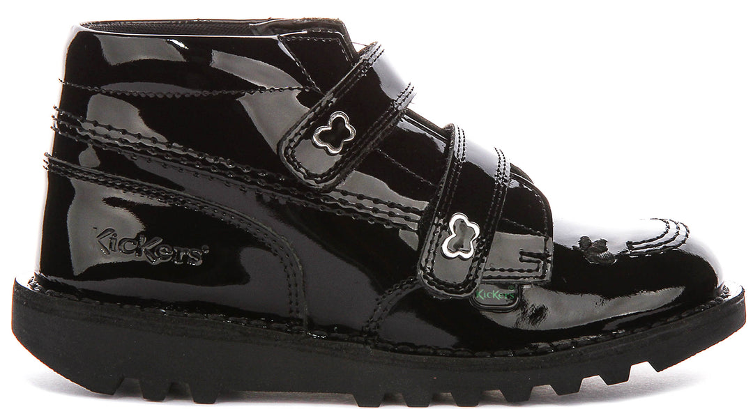 Kickers Kick Hi Velcro Wing In Black Patent For Juniors