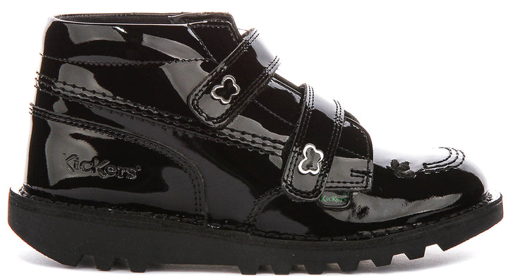 Kickers Kick Hi Velcro Wing In Black Patent For Juniors