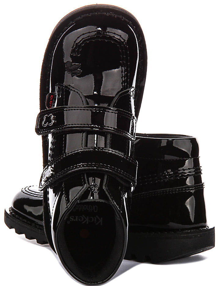 Kickers Kick Hi Velcro Wing In Black Patent For Juniors