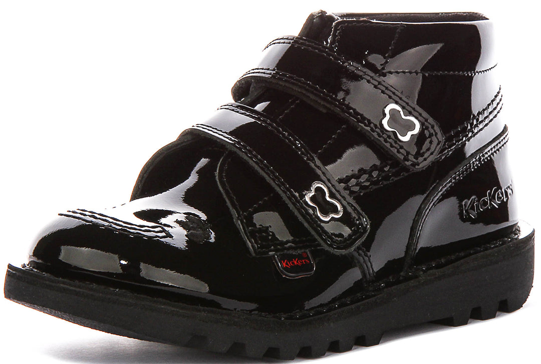 Kickers Kick Hi Velcro Wing In Black Patent For Juniors