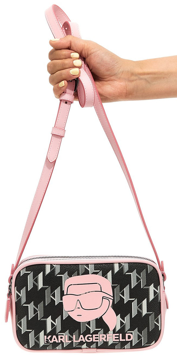 Karl Lagerfeld K Ikonik 2.0 Sac à caméra monogramme pour femmes en noir rose