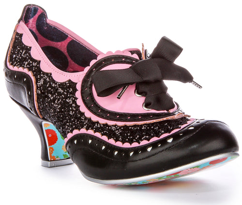 Irregular Choice Jazz Cat Bow Lacci con cuore rosa Sneakers con tacco da donna in tessuto nero rosa