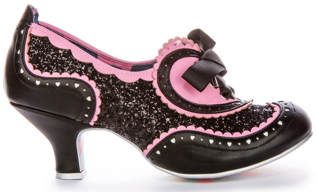 Irregular Choice Jazz Cat Bow Lace Pink Heart Shimmers DamenSchuhe mit Absätzen aus anderen Stoffen in Schwarz Rosa