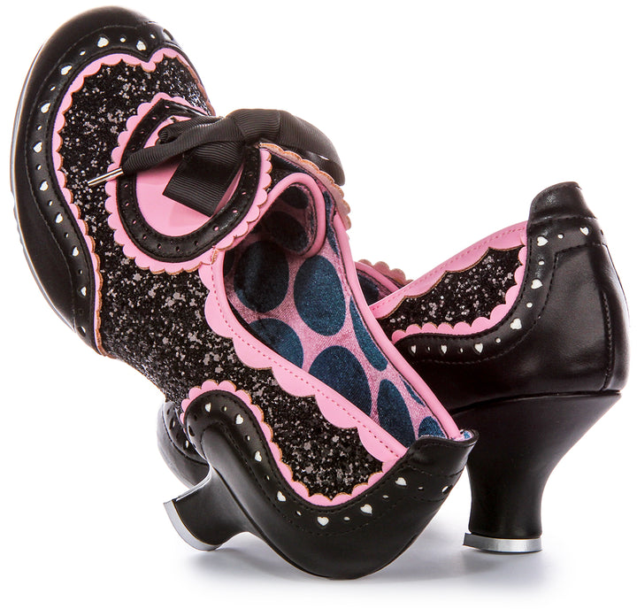 Irregular Choice Jazz Cat Bow Lacci con cuore rosa Sneakers con tacco da donna in tessuto nero rosa