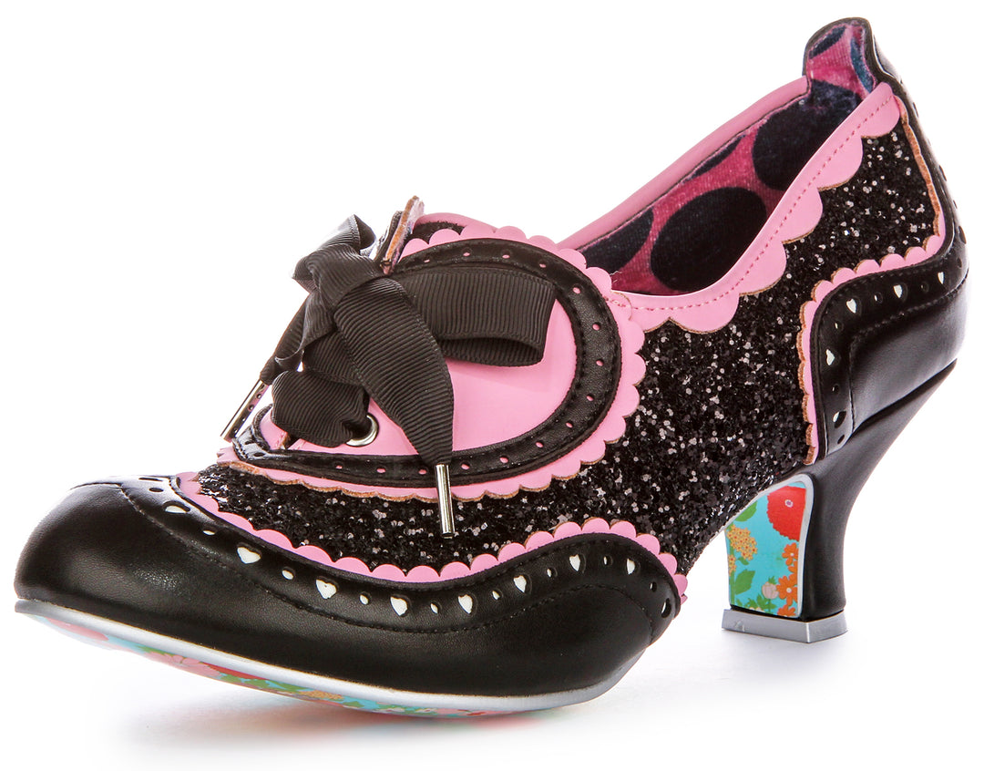 Irregular Choice Jazz Cat Bow Lacci con cuore rosa Sneakers con tacco da donna in tessuto nero rosa