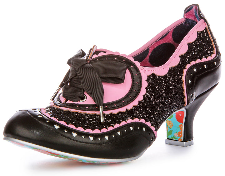 Irregular Choice Jazz Cat Bow Lacci con cuore rosa Sneakers con tacco da donna in tessuto nero rosa