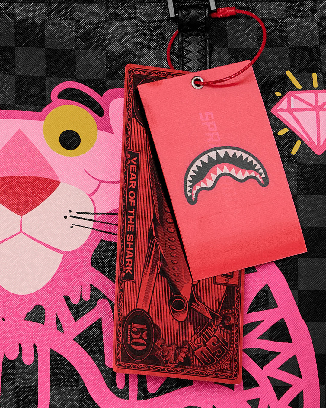 Sprayground Pink Panther Diamond Shark Tote In Black Pink