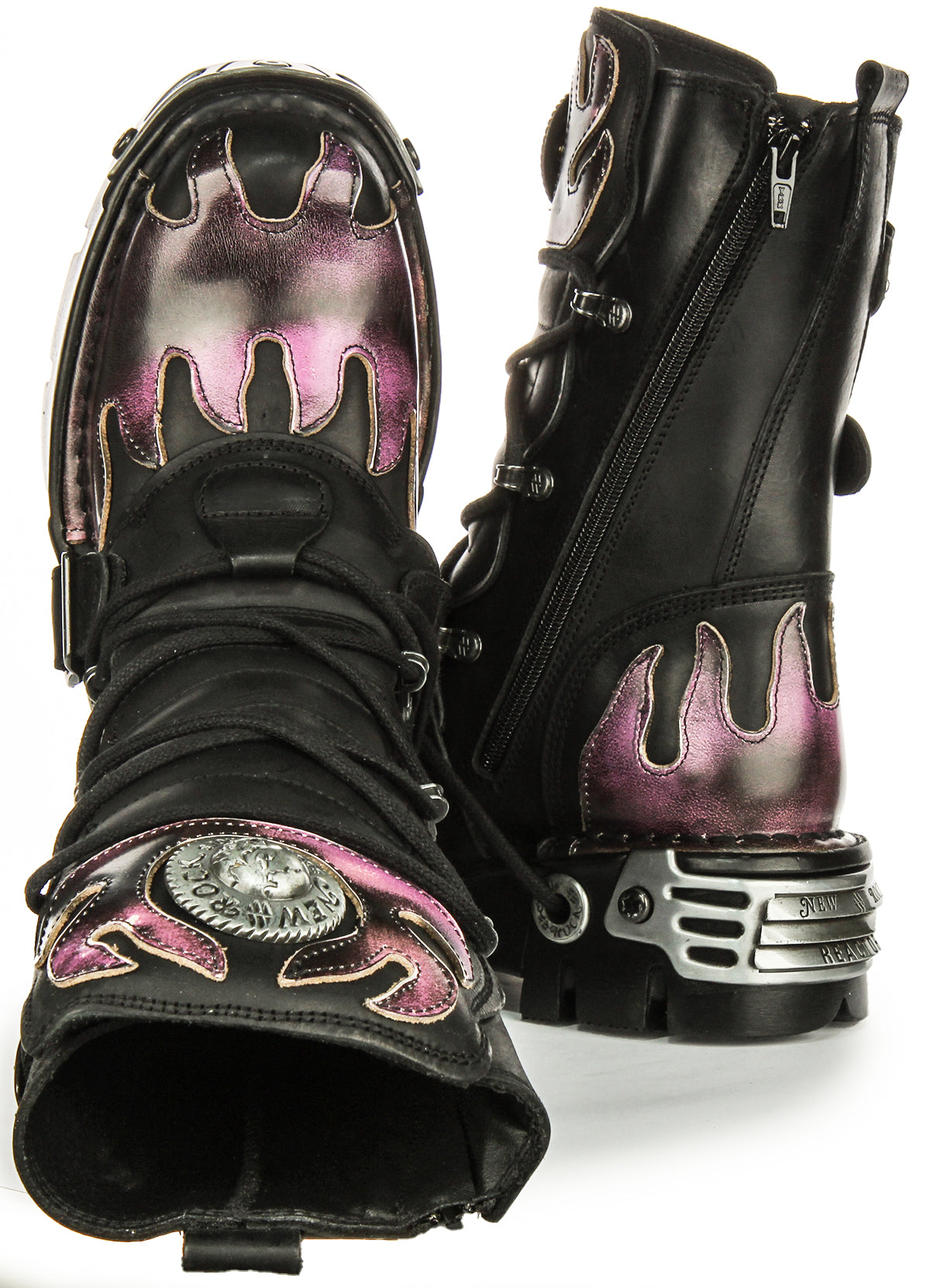 Newrock 591 Reactor In Black Purple | 90S Flame Print 4 Buckles
