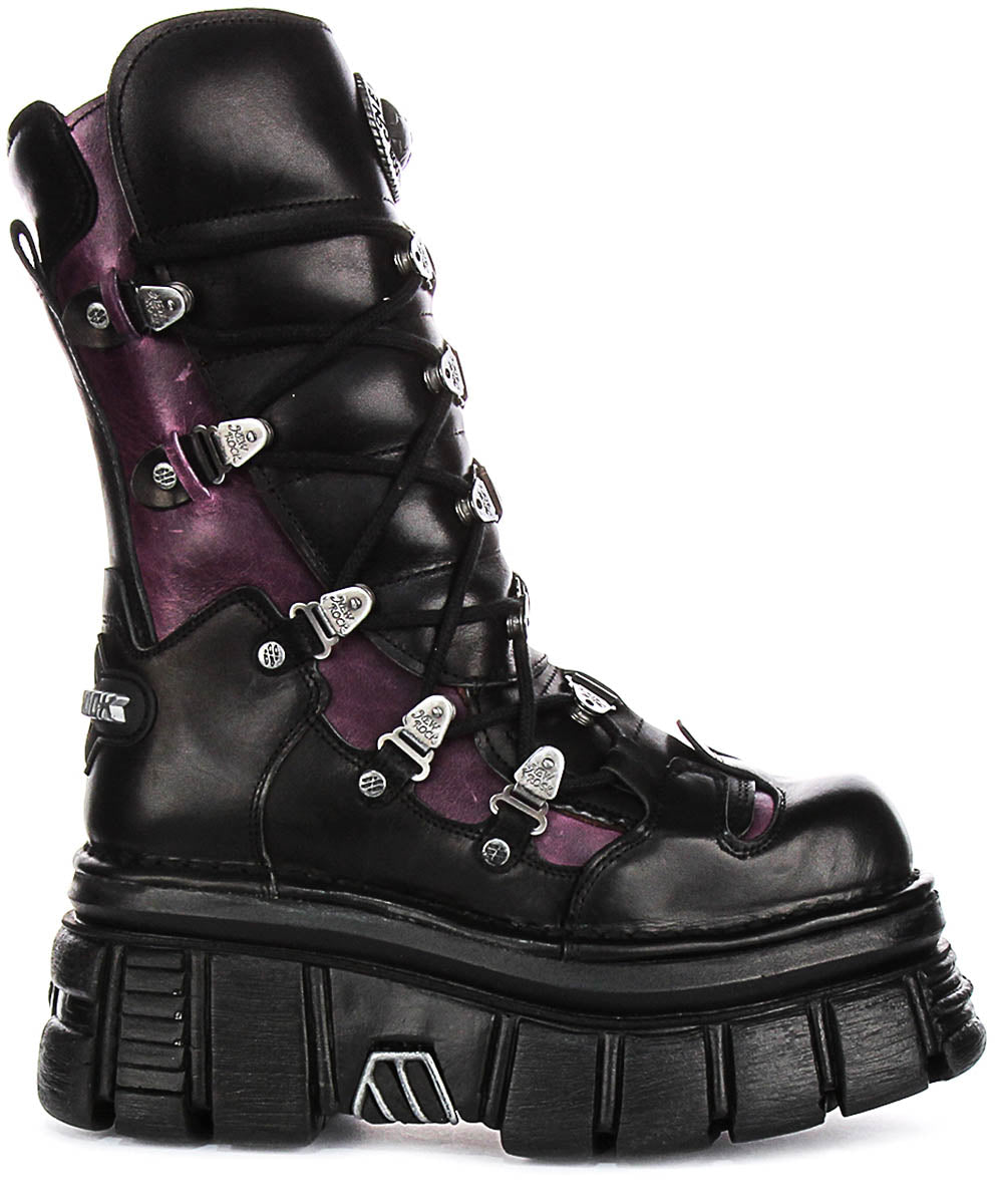 Newrock 203 Tower In Black Purple 90s Side Lace up Boots