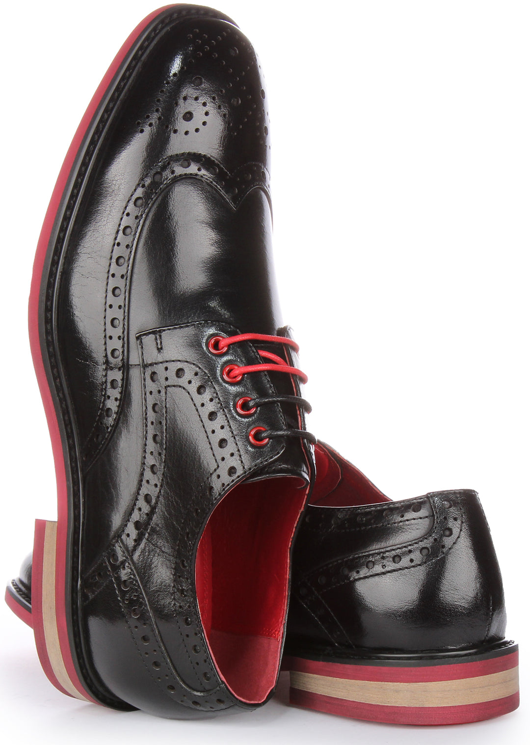 JUSTINREESS James Chaussures brogue en cuir à lacets pour hommes en noir rouge