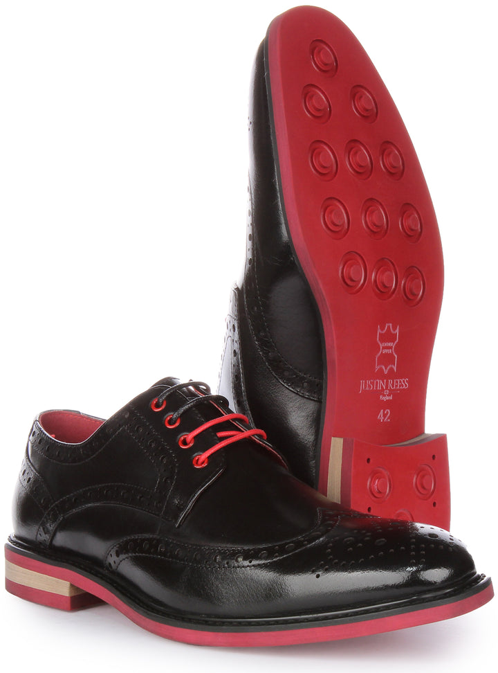 JUSTINREESS James Chaussures brogue en cuir à lacets pour hommes en noir rouge