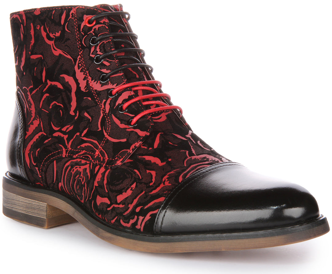 JUSTINREESS Toby Bottines à lacets en cuir à fleurs pour hommes en noir rouge