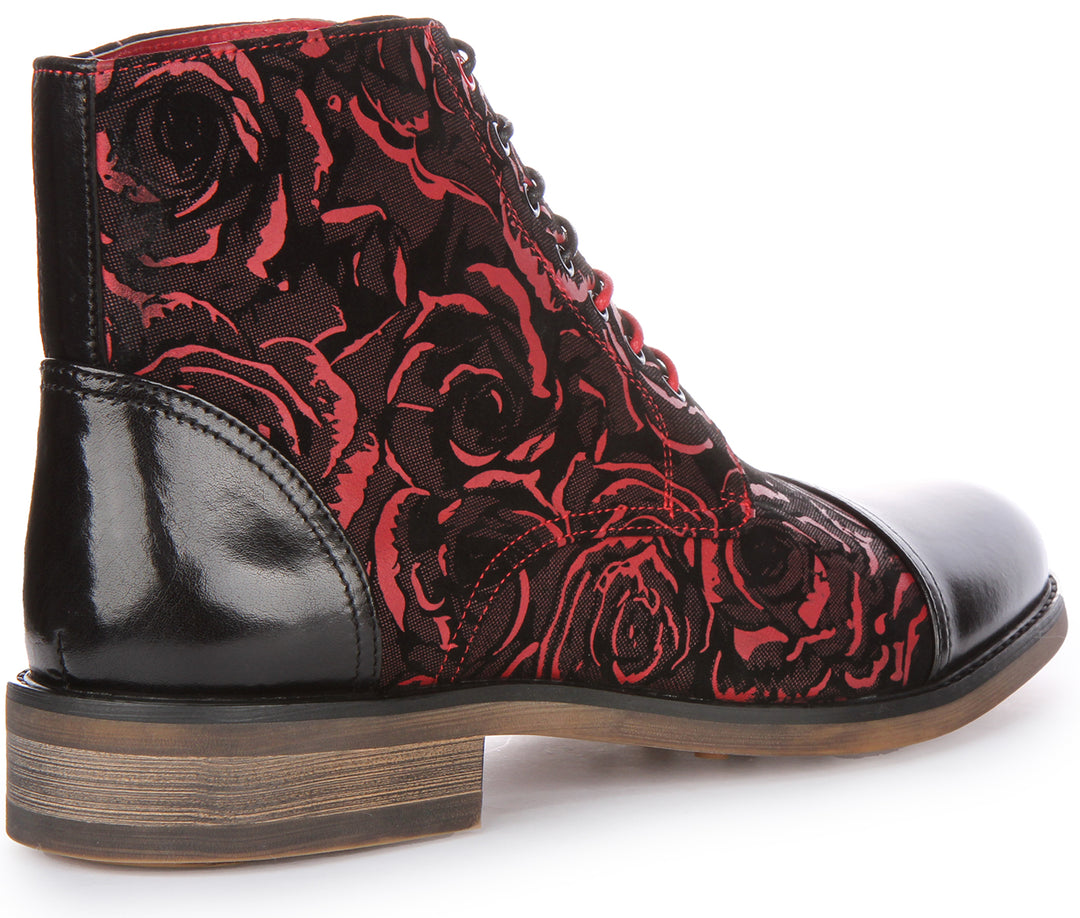 JUSTINREESS Toby Botines con cordones de piel florales para hombre en negro rojo