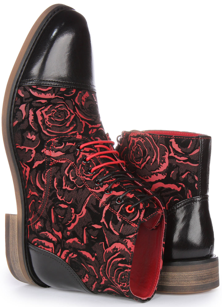 JUSTINREESS Toby Botines con cordones de piel florales para hombre en negro rojo