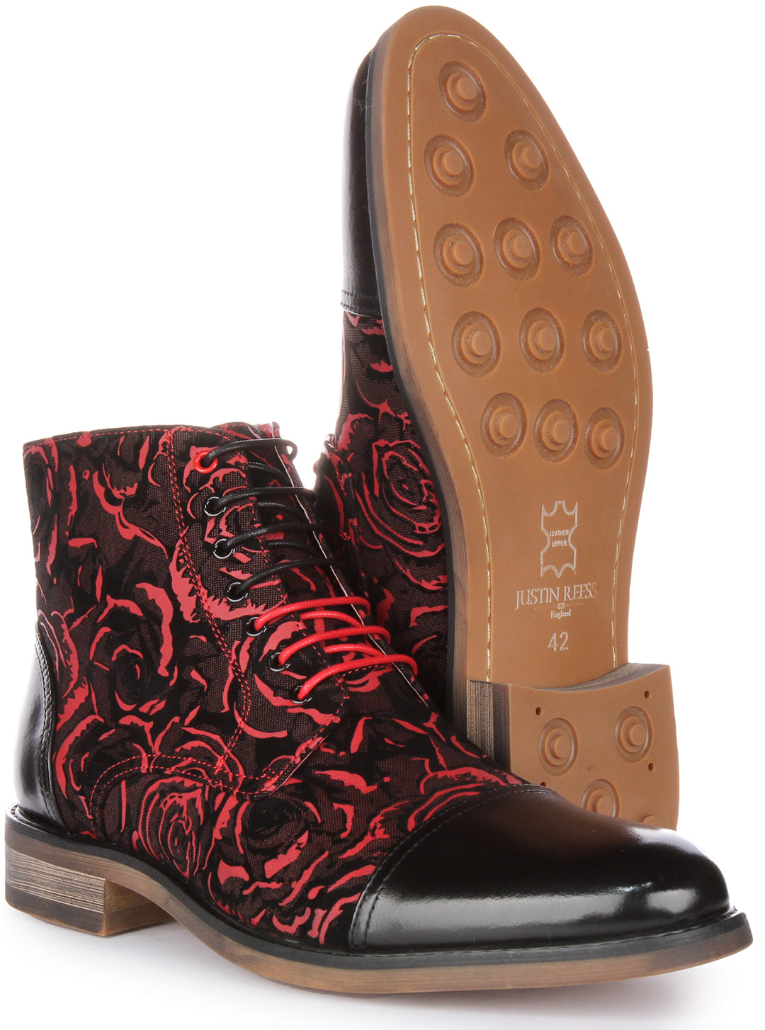 JUSTINREESS Toby Bottines à lacets en cuir à fleurs pour hommes en noir rouge