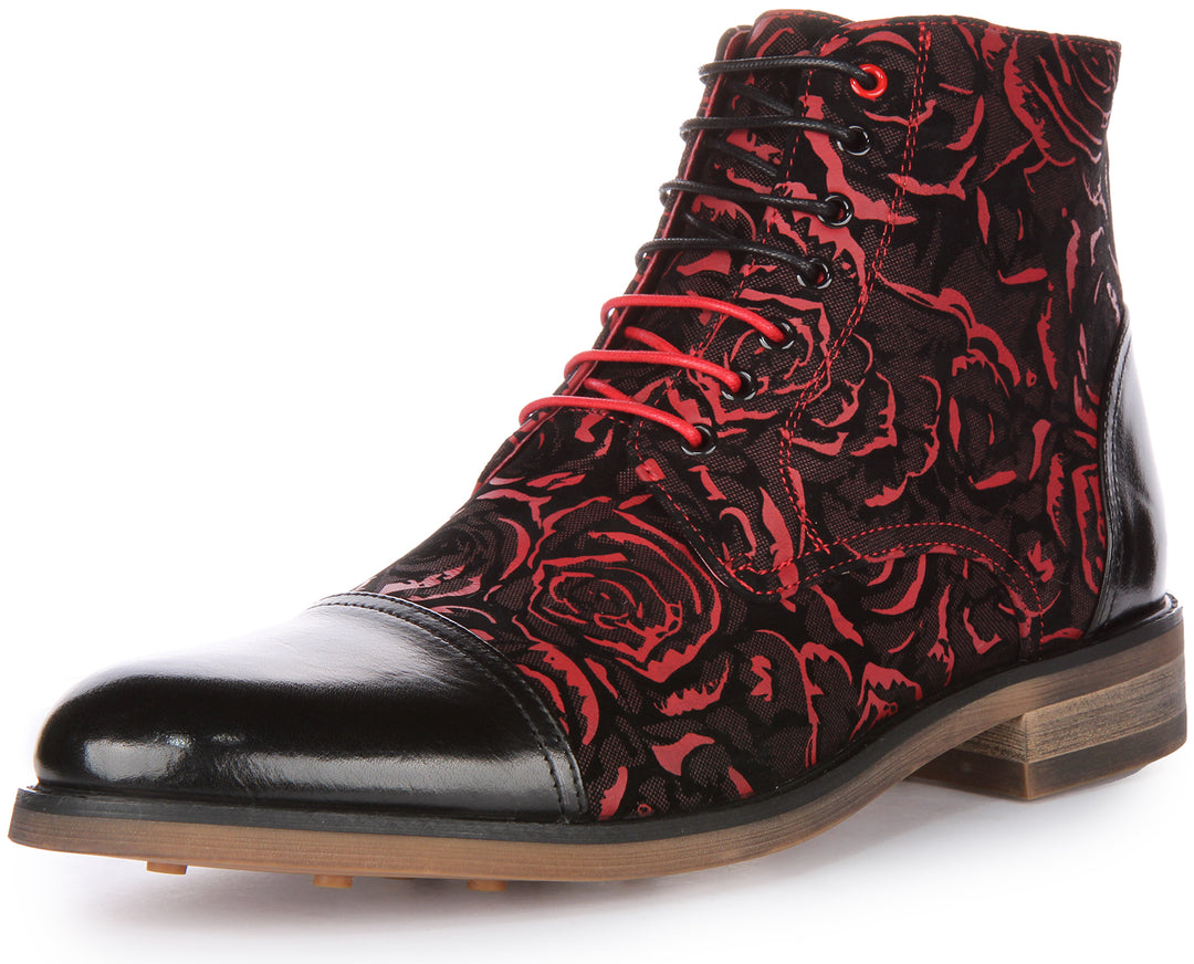 JUSTINREESS Toby Bottines à lacets en cuir à fleurs pour hommes en noir rouge