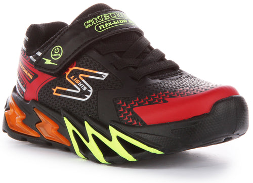 Skechers S Lights: FlexGlow Bolt Scarpe da ginnastica illuminate da bambino in nero rosso