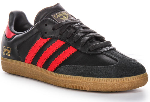 Zapatillas de cuero para hombre Adidas Samba OG 3 Stripes Retro Contrast 70s en negro y rojo