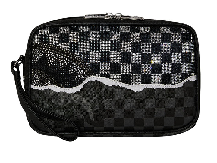Sprayground Diamond Tear Toiletry Bag In Black Silver Check