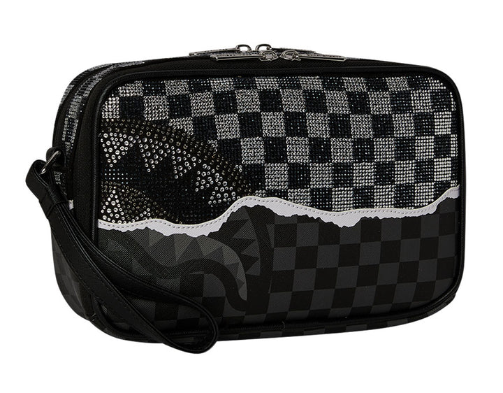 Sprayground Diamond Tear Toiletry Bag In Black Silver Check