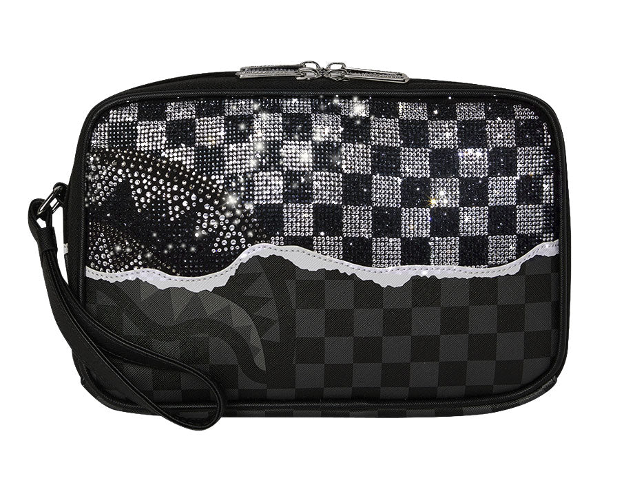 Sprayground Diamond Tear Toiletry Bag In Black Silver Check