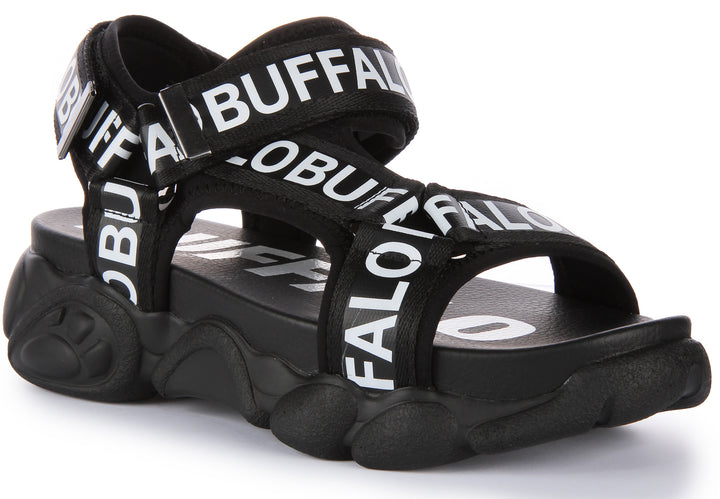 Buffalo Cld TEC Sandalia de plataforma vegana para mujer en negro blanco