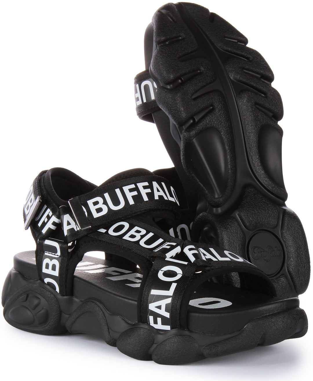 Buffalo Cld TEC Sandalia de plataforma vegana para mujer en negro blanco