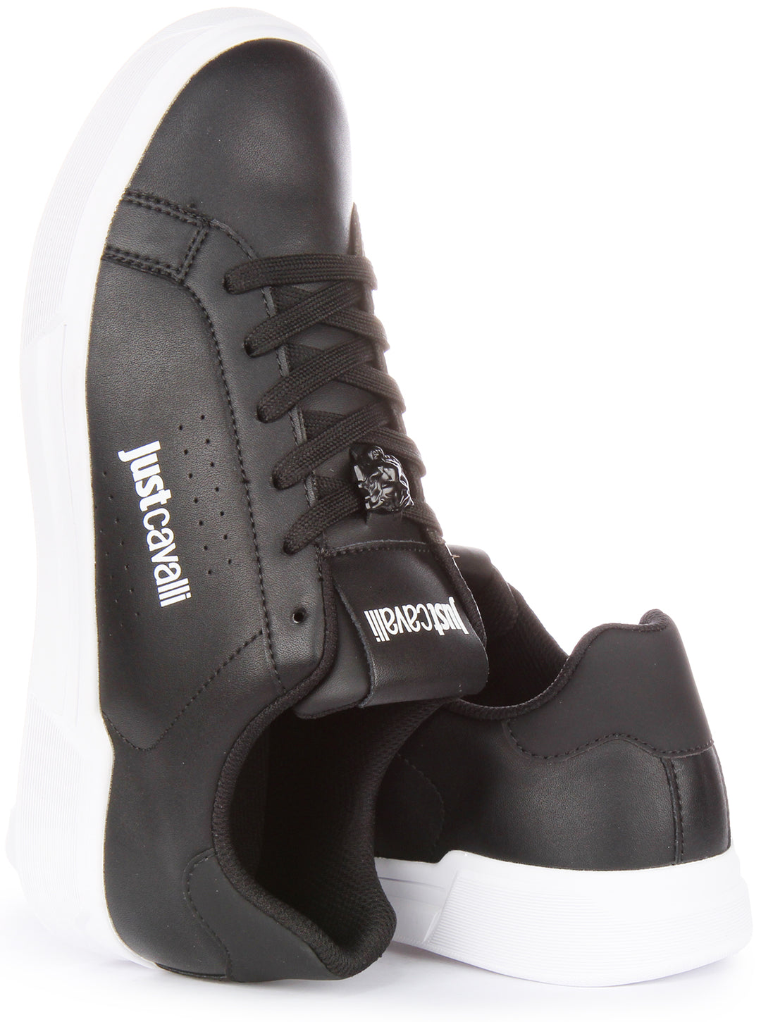 Just Cavalli Fondo Zapatillas con cordones de piel sintética para hombre en negro blanco